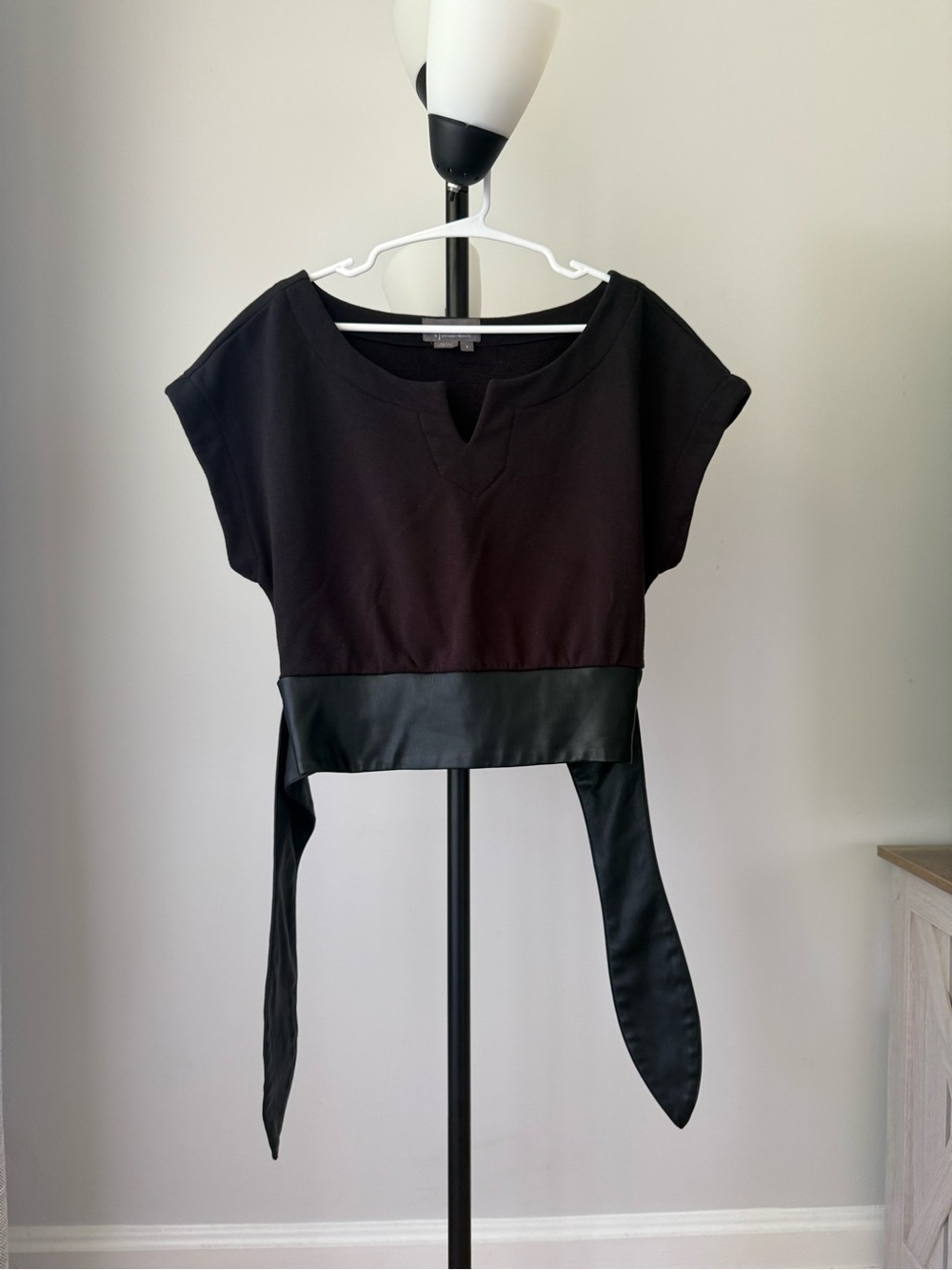 Anthropologie Wrap Top Women’s Size S Black Faux Leather Tie Waist Short Sleeve
